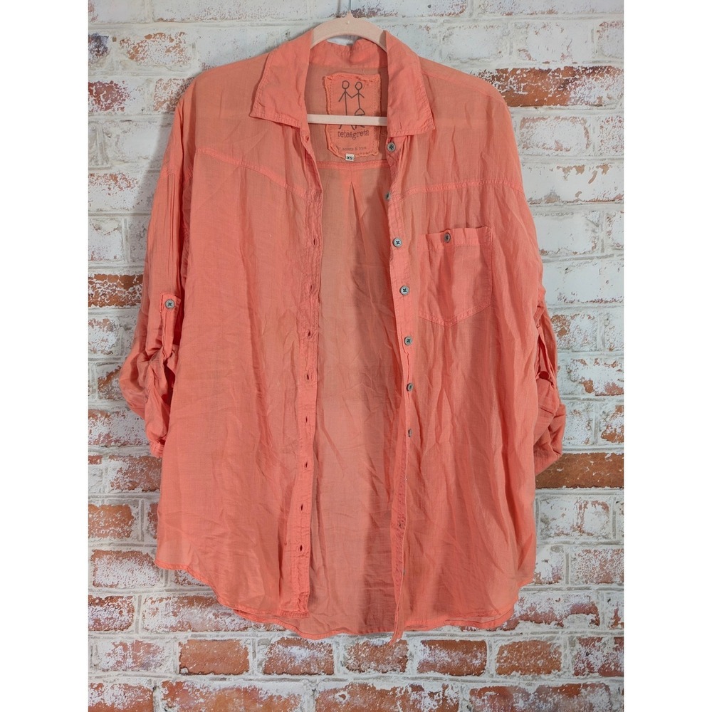 Johnny Was Pete & Greta Button Down Shirt Womens XS Coral Orange Roll Tab Cotton